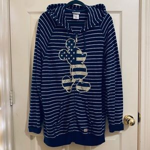 Vintage 90s Disney’s Mickey Navy Blue US Flag Striped Terry Cloth Zip Up Hoodie